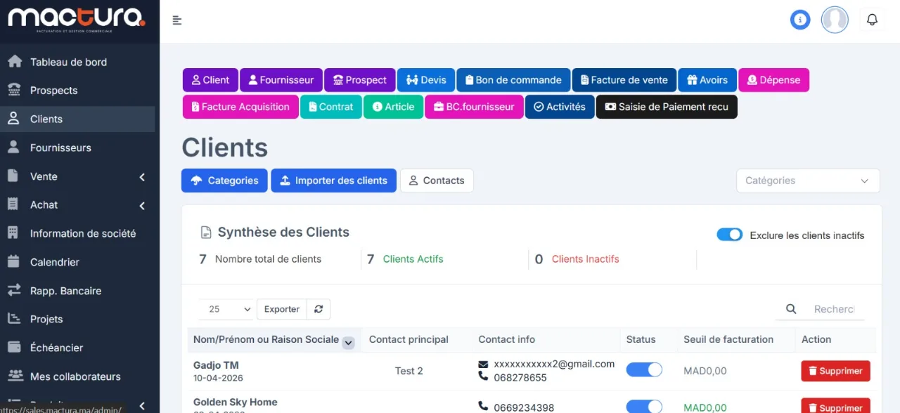 Synthèse clients : comptes actifs, inactifs et seuils de facturation.