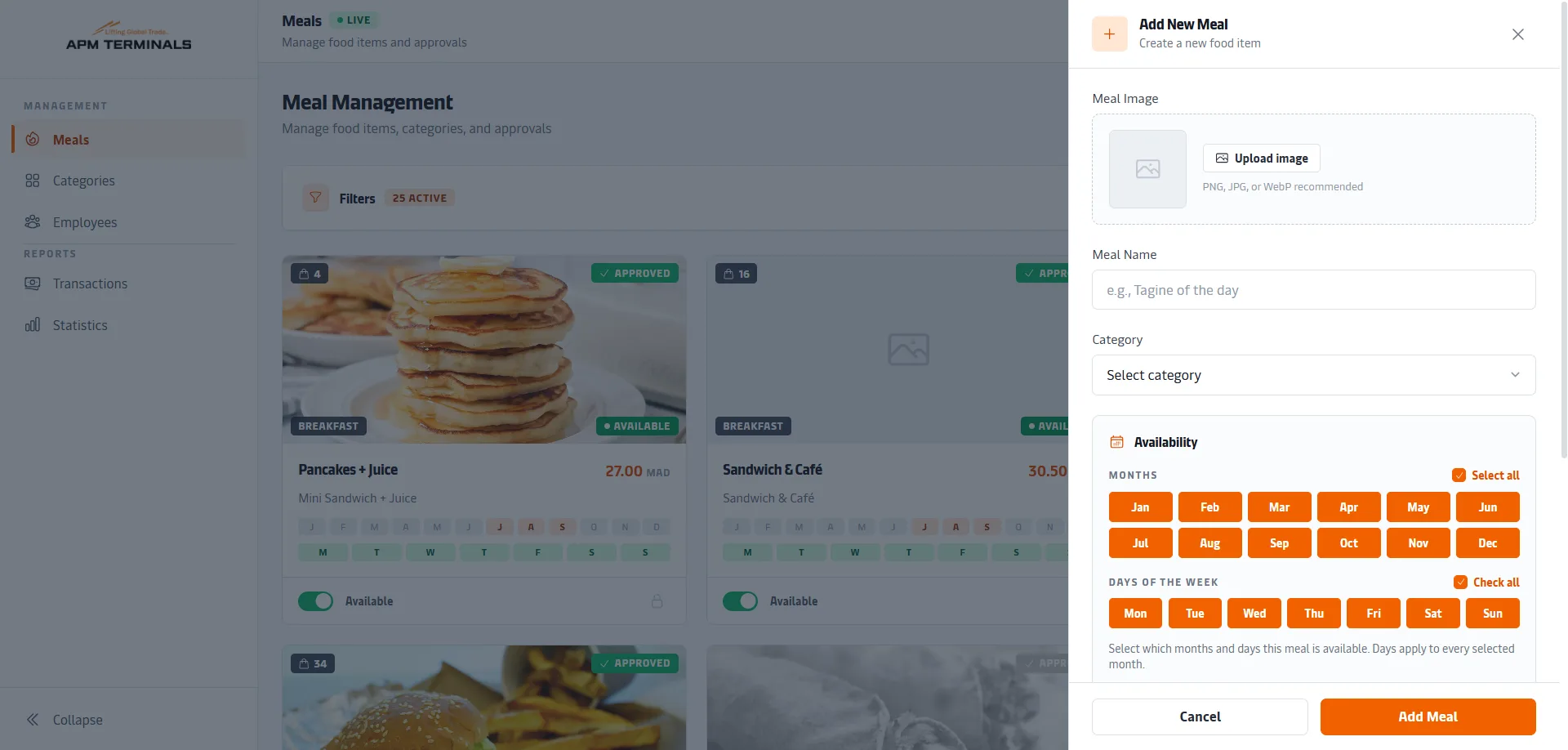 Ajout d’un repas : visuel, catégorie et disponibilité jour par jour.