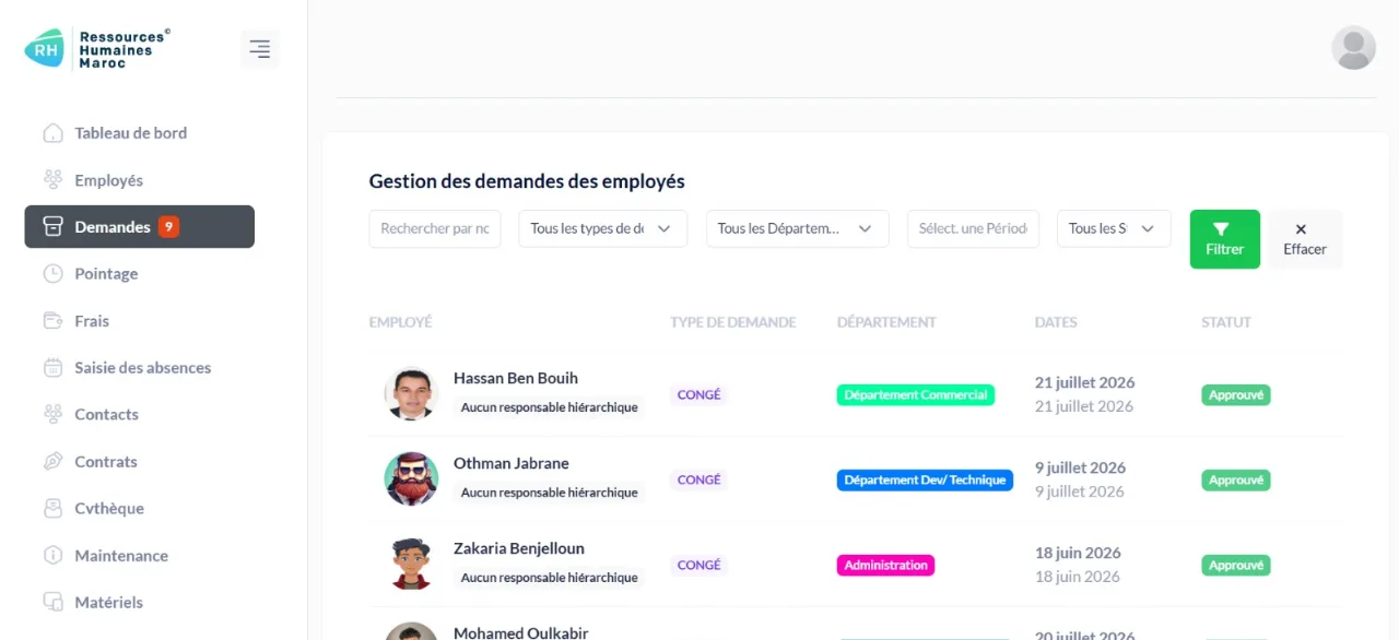 Suivi d’une demande : type de congé, département, dates et décision.