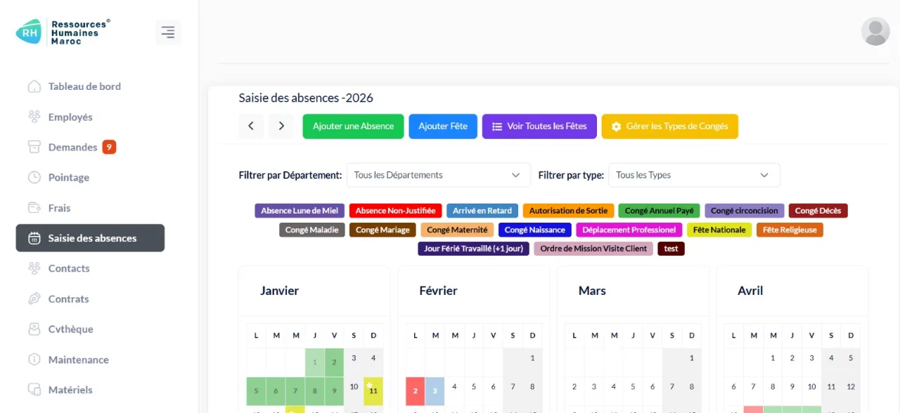 Saisie des absences : calendrier annuel par type de congé et par département.